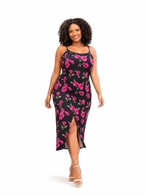 Torrid 4X Black Rose Midi Slip Dress Lace-Up Back Criss Cross Strappy